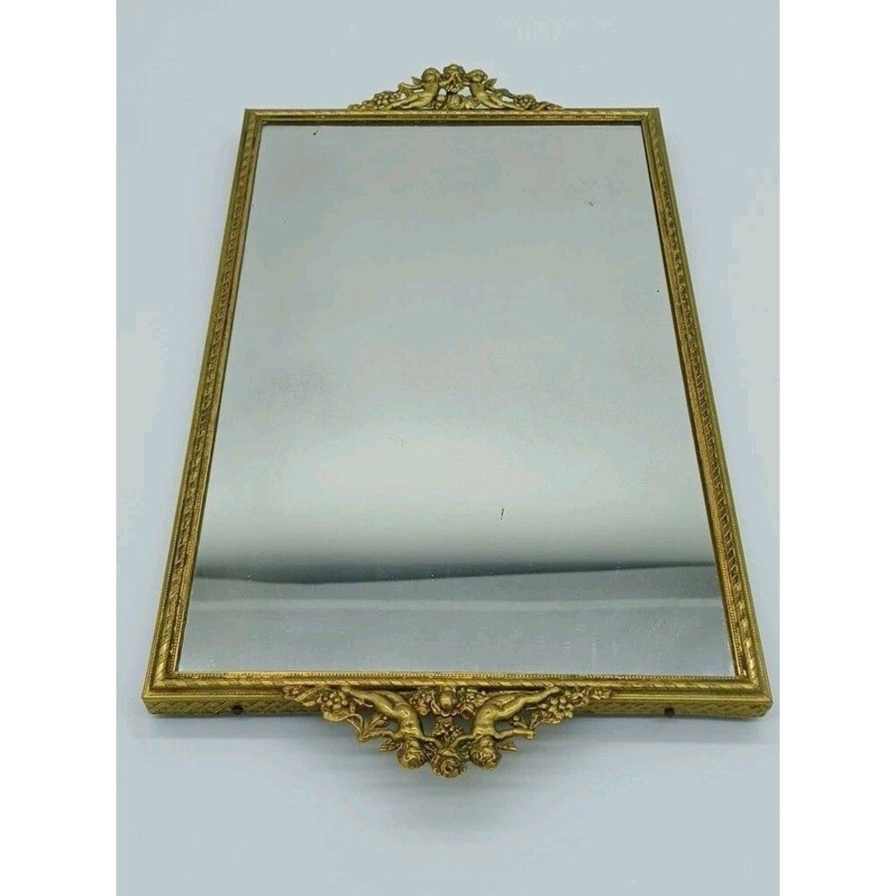 Vintage Rectangle Gold Tone Mirror Vanity Tray Cherubs Angel Design Bathroom 13"